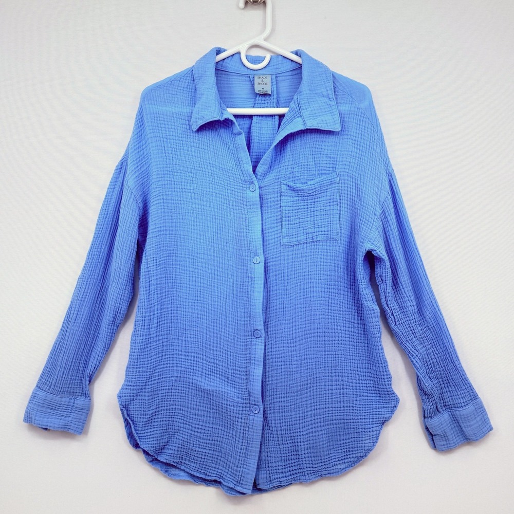 Shade & Shore Button Down Womens XS Blue Cotton Gauze Coastal Beachy Periwinkle